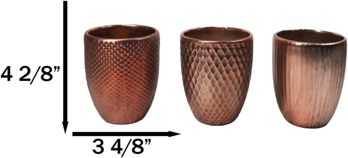 Ebros Gift Set of 3 Modern Chic Boutique Hammered Look Copper Plated Ceramic Candleholder Candle Votive Holder Cups Or Stationery Holders