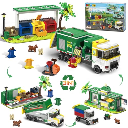 HiWEEGO Technik Müllwagen Bauset, 3-in-1 City Müllauto-Modell 811 Teiliges Recycling LKW Baustein Fahrzeuge Spielzeug mit 3 Müllsortierbehältern Geburtstags Geschenk für ab 8-12+ Kinder Jungen Mädchen