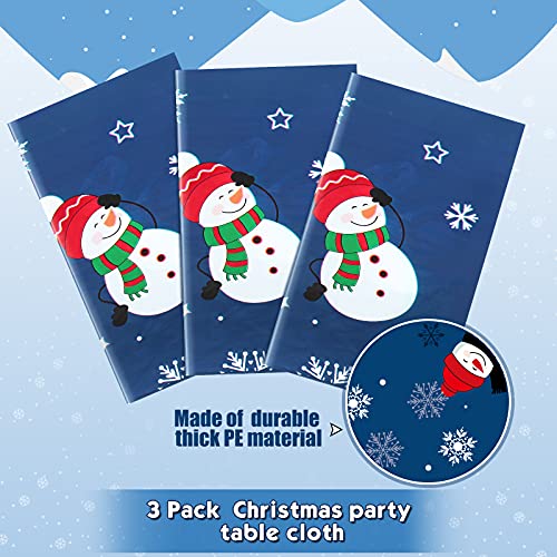 Irenare 3 Pieces Christmas Snowman Tablecloth Winter Snowman Table Cover Plastic Disposable Snowflake Holiday Party Table Cloth for Xmas New Year Party Decorations Supplies, 54 x 108 Inch (Blue) – Image 5