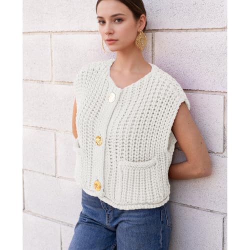 Image of Hixiaohe Womens Crochet Chunky Knit Top Sleeveless Button Down Crop Tops Trendy Cardigan Sweater Vest for Women with Pockets