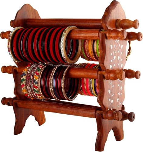 Shriji Crafts Wooden Bangle Holder Stand – 8 Rods with 6 Holding Bars for Organizing Bangles and Bracelets | Handcrafted Jewelry Display Stand (13.5 x 3.5 x 12 Inches, Brown)