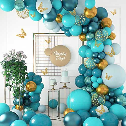Amandir 168PCS Teal Balloons Garland Arch Kit Double-Stuffed Dark Teal Blue Turquoise Metallic Gold Green Balloons with 12Pcs Butterfly for Birthday Wedding Baby Shower Party Decorations