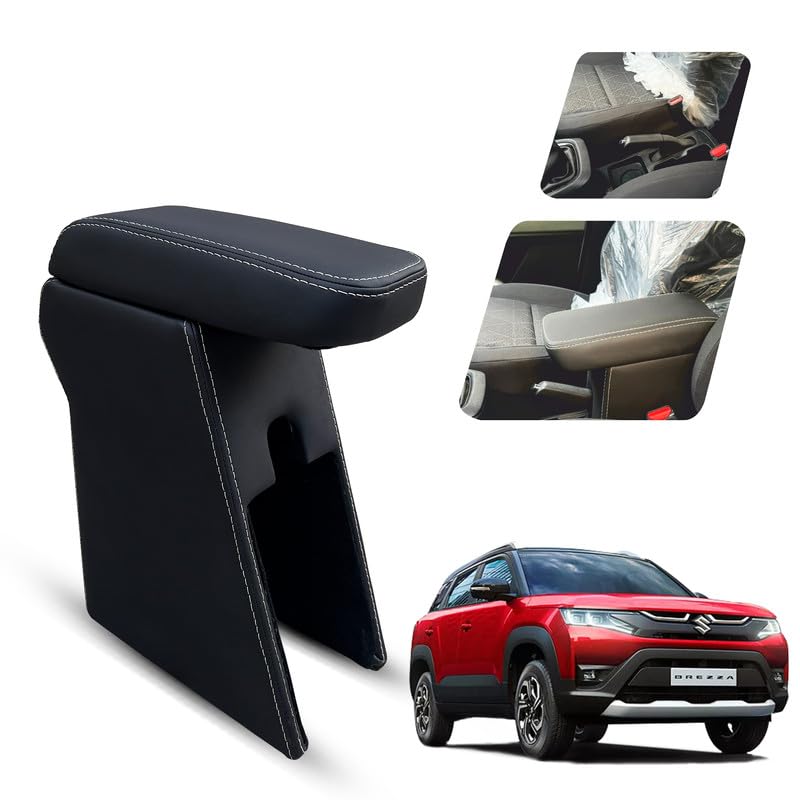 Image of Carigiri Premium Finish Car Armrest with Storage Box And High Density Moulded Foam For Maruti Suzuki New Vitara Brezza (Models-2022-2024) (Black With White Double Stitching,Nappa Leatherette)