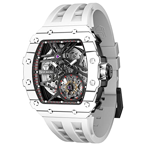 Image of TSAR BOMBA Men's Automatic Watch Tonneau Luxury Skeleton Watches for Men Mechanical 50M Waterproof Analogue Watches Mens Unique Cool Square Big Face Dial Wristwatch with Silicone Strap Band