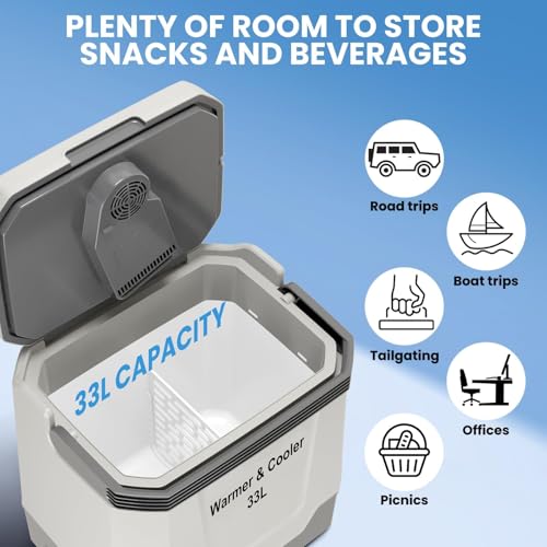 Image of 35QT Electric Cooler, Portable Car Refrigerator & Plug-In Cooler with 12V DC & AC Power, Travel Cooler for Camping, Road Trips, Truck Travel & Home Use, car fridge with Locking Handle