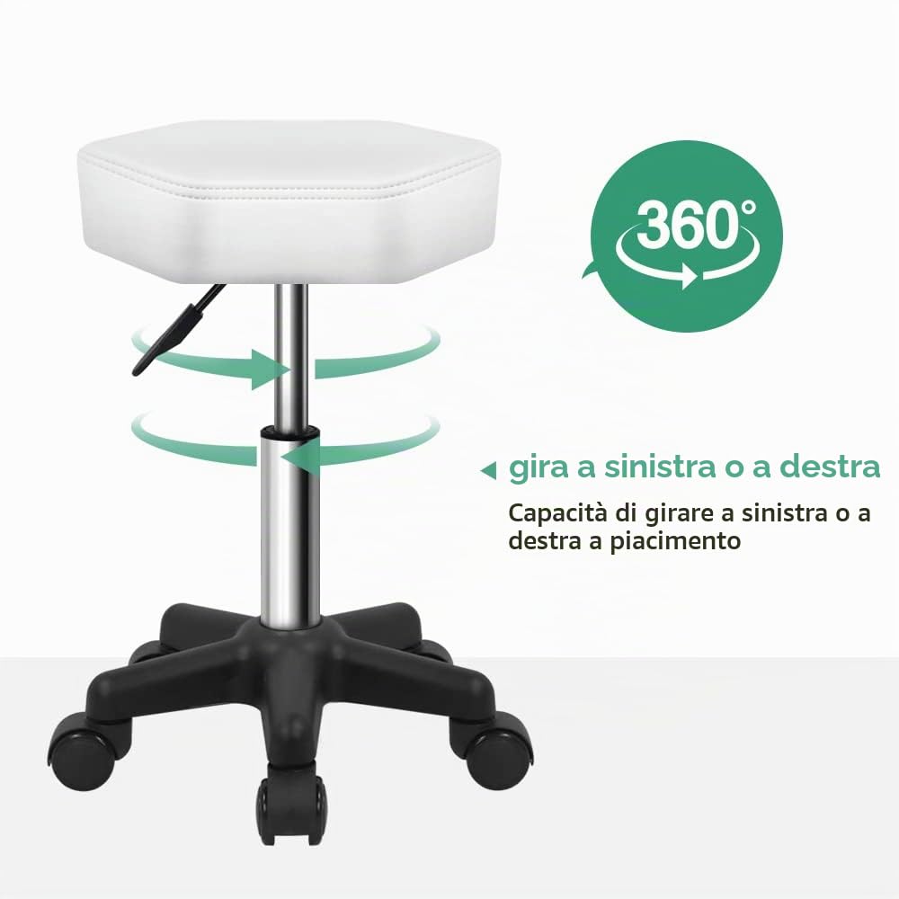 FURWOO Sgabello girevole esagonale altezza regolabile con ruote per Spa Salon Massage Bianco