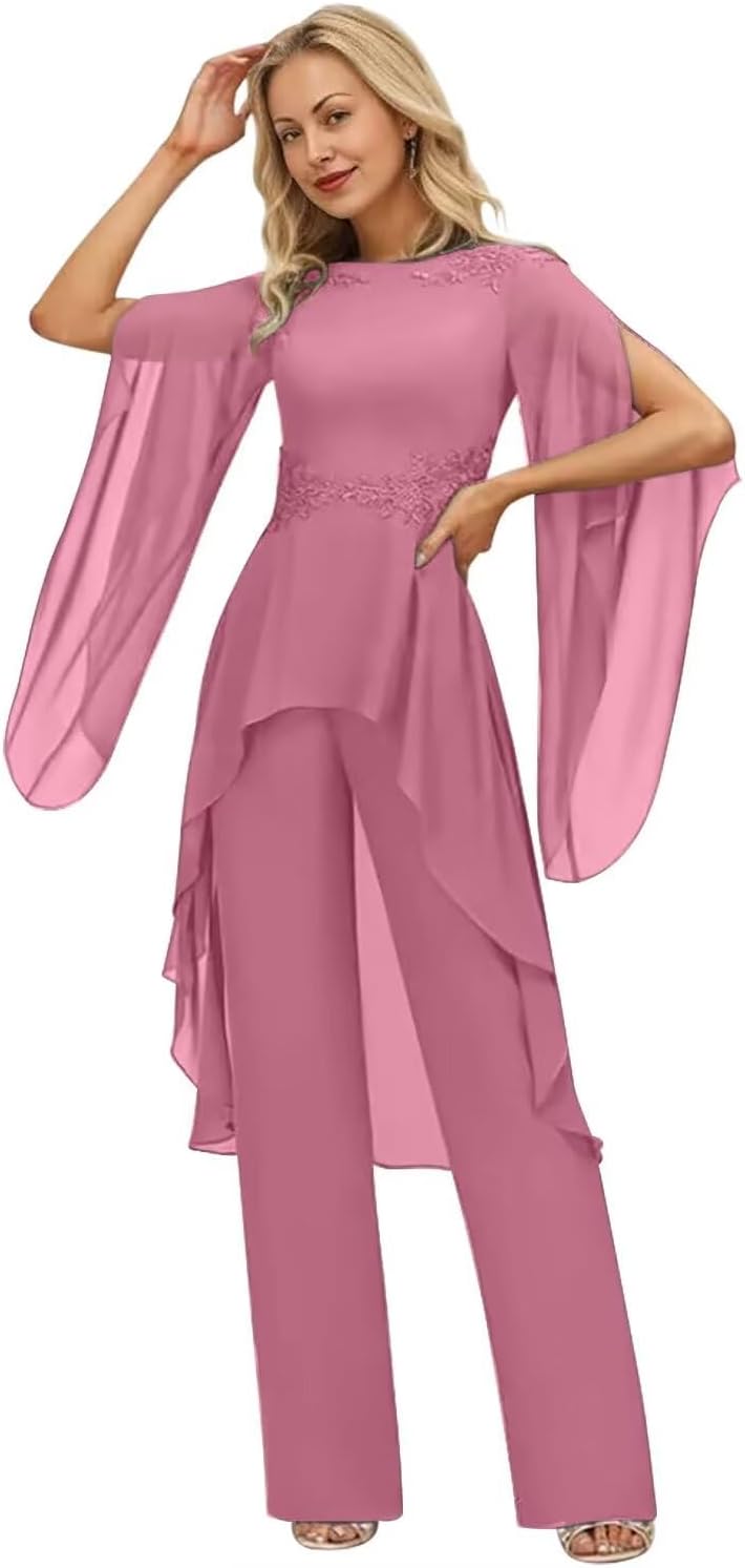 2 Pieces Jumpsuit Mother of The Bride Pant Suits for Wedding - Chiffon Lace Appliques Ruffle Long Prom Formal Outfits