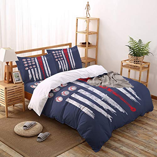 Picpeak Baseball Bedding Set Queen Size For Boy Kids Teens Youth Sport American Flag Blue Comforter Cover Set 4 Pcs Include Lightweight Soft Bed Sheets,1 Duvet Cover,1 Flat Sheet And 2 Pillow Covers #TOP2