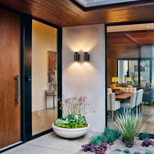 Image of Outdoor Wall Light Fixture 7 inch Integrated LED Cylinder Up and Down Lights Dark Walnut, Waterproof, Outdoor Sconce Lights for House Exterior Porch Patio Garage Front Door