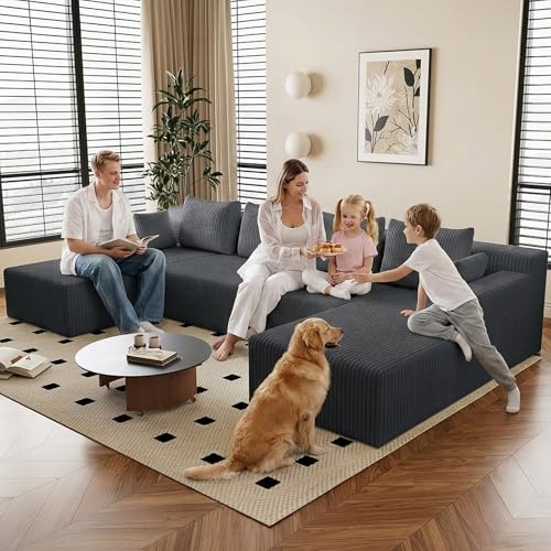 Image of 142 inch U-Shape Cloud Couch, Modern Modular Sectional U-Shape Sofa, Corduroy Boneless Couch Upholstered Couches Deep Seat Sleeper Chaise Longue for Living Room, No Assembly Required,Dark Gray