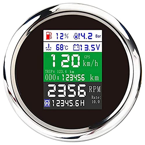 KAOLALI Adjustable GPS Speedometer Multi-Functional 6-in-1 Digital Gauge Tachometer Voltmeter Oil Pressure Fuel Level Water Temp 0~10Bar Oil Pressure with Alarm 85mm 9-32V
