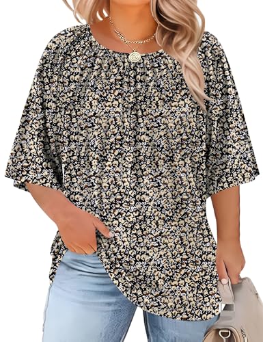LOMON Plus Size 3/4 Length Sleeve Tops for Women Summer Dressy Casual Blouses Crewneck Business Tunic (Black Floral, XXL)