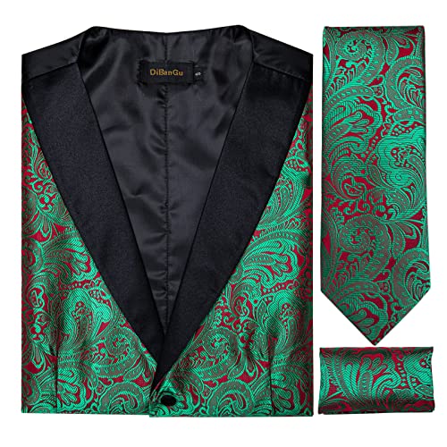 Image of DiBanGu Mens Paisley Vest Silk Sleeveless Suit Vest and Neck Tie Pocket Square Cufflinks Set for Wedding Formal