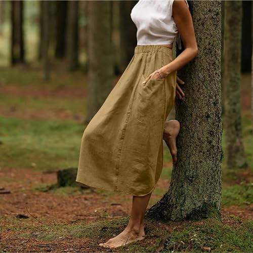 Womens Beach Skirts Summer Comfy Cotton Linen Skirts Basic Solid Color Elastic Waist A-Line Midi Skirts with Pockets4