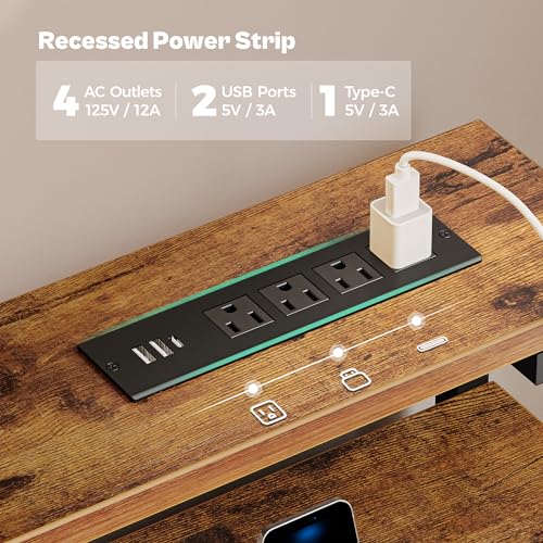 Huuger Gaming Desk with 6 Drawers, Computer Desk with LED Lights Power Outlets and Type-C, 55 Inch Office Desk with Storage, Monitor Stand, Writing Desk Work Desk for Home Office, Study, Rustic Brown