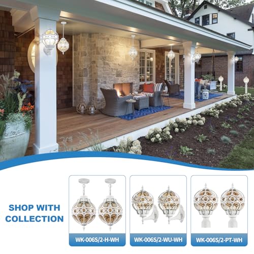 Globe Outdoor Pendant Lights, White Aluminum Waterproof Hanging Light Fixture for Porch Entryway Hallway, Vintage Round Exterior Chandelier, Outside Pendant Lamp with Amber Glass, 2 Pack