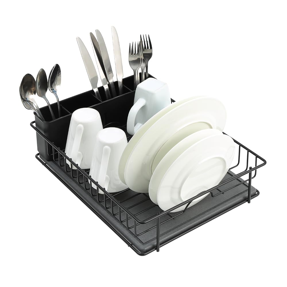 SunnyPoint 304 Stainless Steel Dish Drying Rack with Diatomaceous Earth Drainboard & Removable Utensil Caddy – Rust Resistant Countertop Dish Rack for