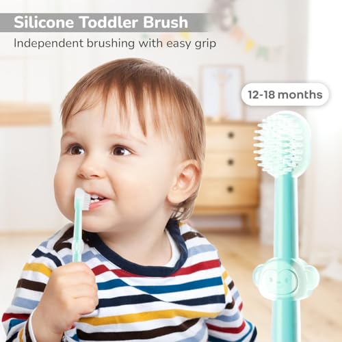 Image of R for Rabbit Tiny Smiles Pixie 3-in-1 Baby Toothbrush Set BPA-Free Silicone | Gum Massager, U-Shape & Toddler Brush with Travel Case (3Pcs) | Ultra Soft Teeth Cleaner for 0-18 M Babies (Lake Blue)
