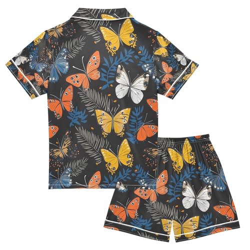 senya Butterflies Colorful Leaves Satin Summer Pajama Sets Silk Short Sleeve Button Down Sleepwear2