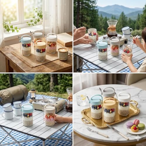Image of Zephorus Overnight Oats Glass Jar with Lid and Spoon Portable Mason Oatmeal Container Breakfast Cup | Large Kitchen Storage for Healthy - Fruit, Milk, Salad, Nuts, Yogurt (Multicolor, pack of 1)
