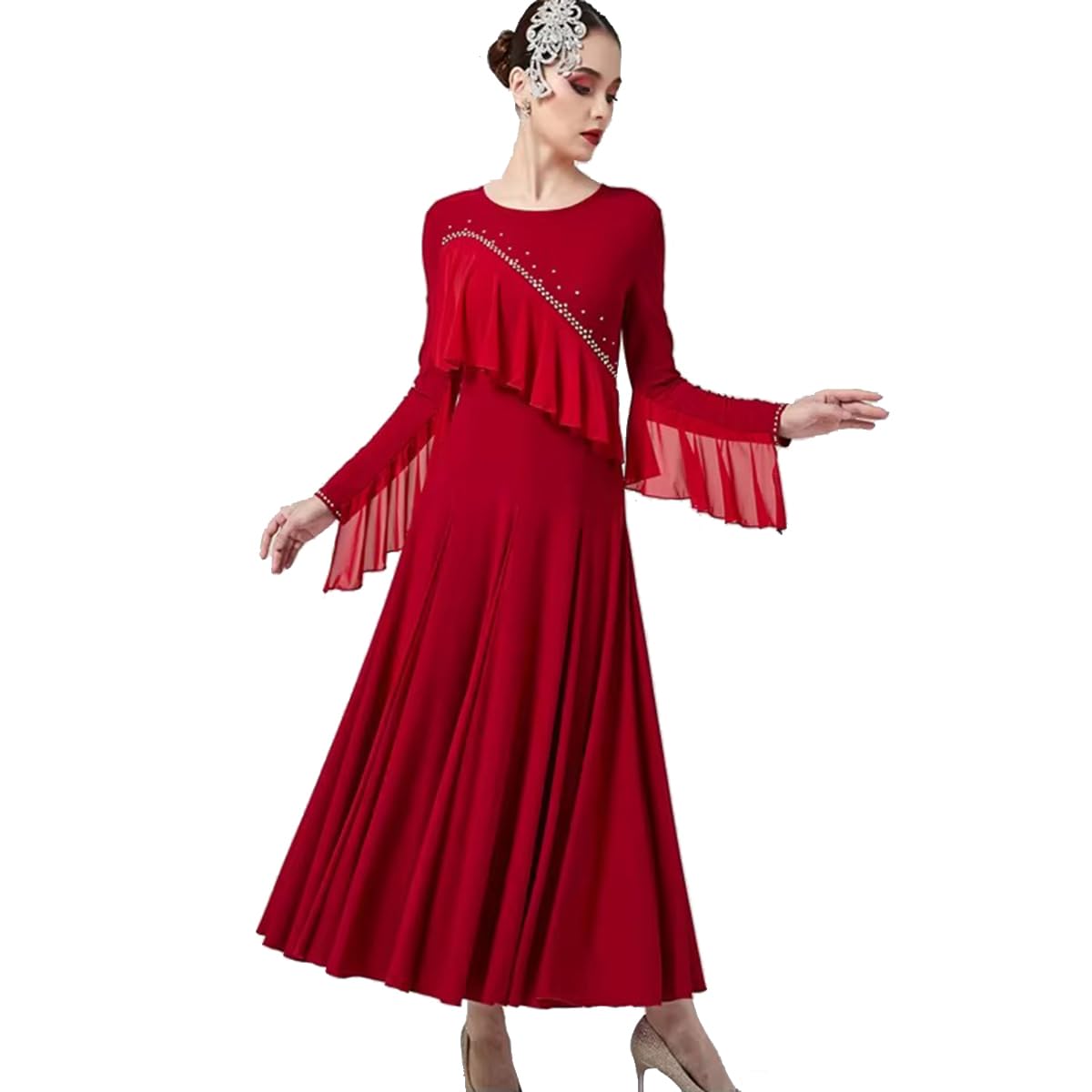 purpleq Vestido de Baile de salón para Mujer Vestido de competición de Vals Moderno Vestido de Flamenco Falda Larga para actuación y práctica