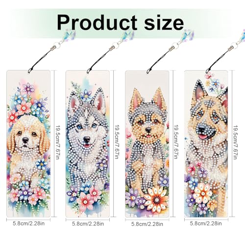 Image of 4 Pieces Diamond Art Painting Bookmarks for Adults 5D Floral Rhinestone Bookmarks Animal Dog Art Bookmarks DIY Diamond Painting Bookmarks with Tassels Crafts Supplies