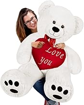 Deuba White Teddy Bear XL 150 cm Teddy Bear with Cushion Red Heart 'I Love You' Toy Gift