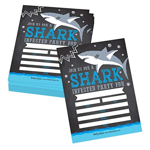 Image of Hadley Designs Kids Birthday Invitations For Boys Shark Theme - 25 Shark Birthday Party Invitations For Boys, Sea Creature Invites For Boy, Cute Ocean Party Supplies, Made In USA