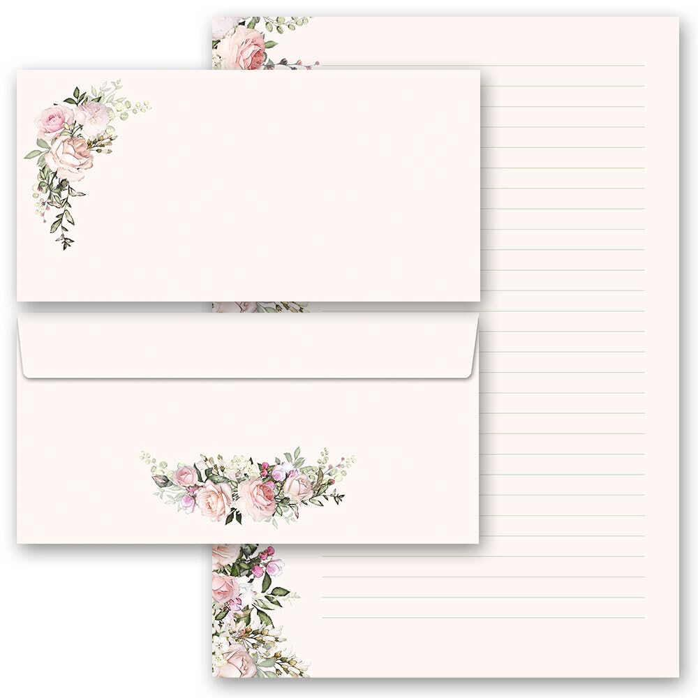 Writing Paper Set 200 Pieces Rose Pracht 100 Sheets + 100 Matching Envelopes without Window DIN A4 & DIN Long in Set Rose Motif