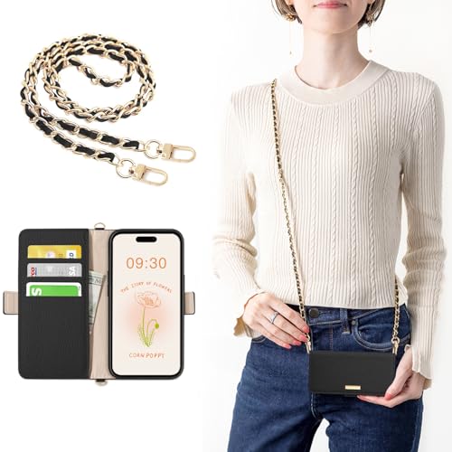 CASSYOOK いphone16 ケース 手帳型 スマホケース iphone 16 ケース 手帳型 ショルダー アイフォン16 ケース 手帳型 おしゃれ 携帯ケースあいほん16 マグネット式 スマホカバー iphone 16 手帳型ケース アイホン16ケース手帳型 女性 付属クロスボディチェーン レザーケース カード収納 スタンド機能(ブラック)