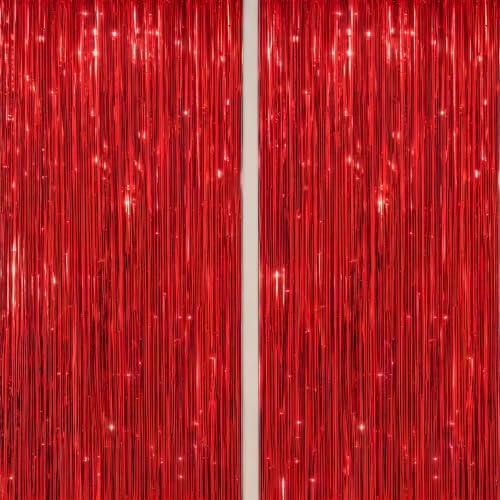 Image of DECOCKRAT 2 Pack Foil Fringe Backdrop - Red Shiny Tinsel Curtains for Party Decoration /Photo Booth Props - 3.3x6.6 FT Metallic Foil Backdrop for Birthday, Wedding, Graduation, Christmas.