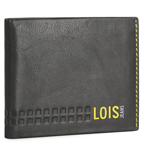 Lois   Cartera de Piel para Hombre   Cartera Hombre Piel con y Tarjetero, diseño Slim, Cuero auténtico, Regalo Elegante. Proteccion RFID, Negro Amarillo