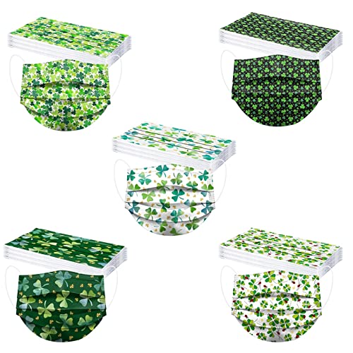 50PCS St. Patrick’s Day Disposable Face_Masks for Adults with Lucky Shamrock Gnome Designs 3 Ply Earloop Protective Coverings