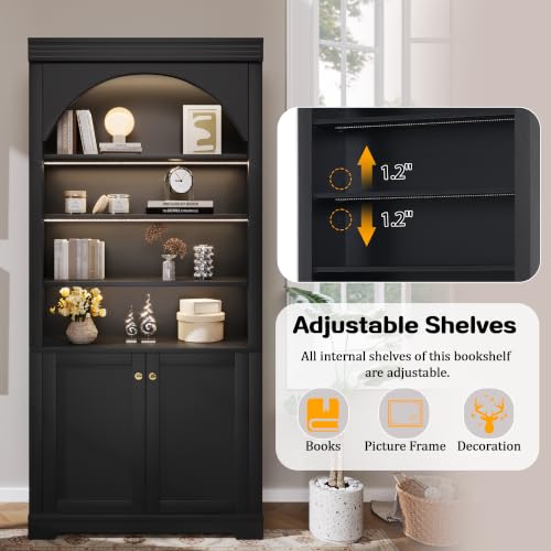 Image of Modern Display Tall Bookshelf with 4-Layer LED Light(Black Style2) | Bookcase with Doors & Adjustable Shelves, Storage Bookshelf for Living Room & Home Office, Display Cabinet with Open Shelves