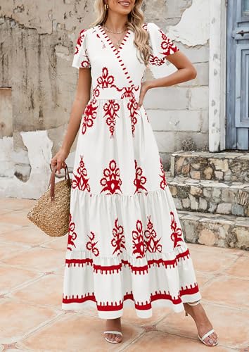 Image of PRETTYGARDEN Womens 2026 Summer Casual V Neck Boho Maxi Dress Flowy Aline Bell Sleeve Tiered Floral Dresses with Pocket