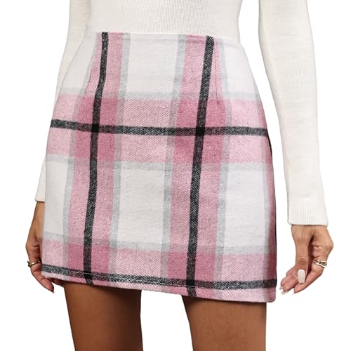 Women's Wool Plaid Flannel Mini Skirt High Waisted Pencil Bodycon...
