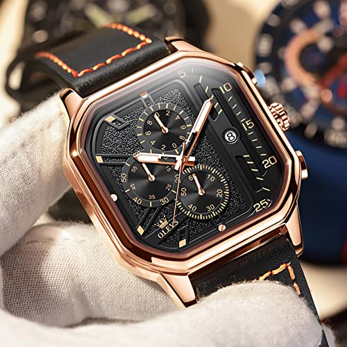 Image of OLEVS Watches for Men Quartz Chronograph Leather Fashion Dress Watch Date Waterproof Luminous Casual Square Business Wrist Watches