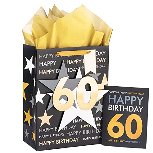 Image of Loveinside Birthday Gift Bag with Tissue Paper and Greeting Card for 60 Birthday - 13 inch x 10 inch x 5 inch, 1 Pcs, Black Gold