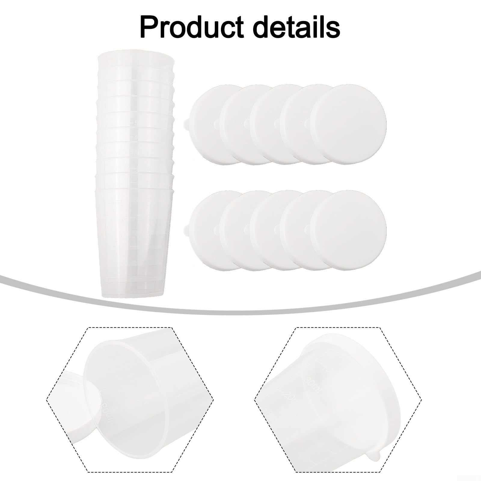 Lot de 10 tasses à mesurer transparentes de 50 ml avec couvercles blancs, récipients gradués en plastique pour ingrédients liquides et secs, parfaits pour la cuisine, le mélange, l'échantillonnage et