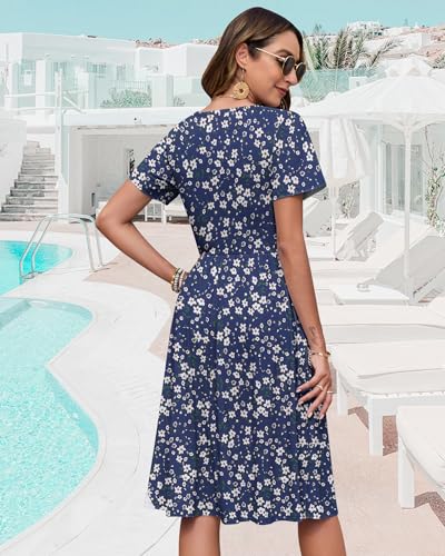 Image of WNEEDU Women V Neck Button Down Empire Waist Midi Summer Dress with Pockets