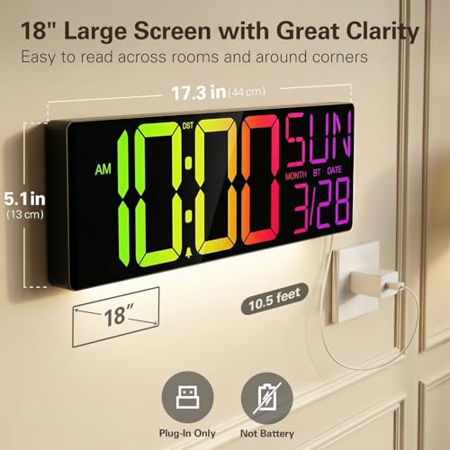 Image of JALL 17.98 inch Large Digital Wall Clock with RGB Lights & Remote, Digital Clock with Bluetooth Sync & DST, Wall Clock with Temperature & Seconds Display, Clocks for Living Room, Seniors