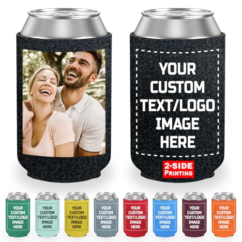 Custom Bulk Beer Can Coolers | Personalized Image Text on Insulated Beverage Bottle Holder Sleeves | Design your own | Perfect for Wedding Reunions Birthdays Parties (10)