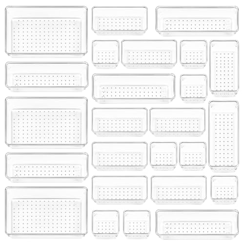 DONGQI Organiseur de Tiroir 25 PCS, 4 Tailles Boîtes de Rangement en Plastique, Organisateur Maquillage, Rangement Tiroir Diviseur de Tiroir Plateau, pour Papeterie Bijoux Cosmétiques