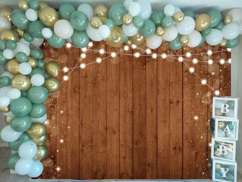 INRUI Wood Backdrop Rustic Wood Wall Photography Backdrop Retro Brown Wooden Board with Light String Photo Banner Wood Wall Studio Decoration (2.4x1.8m) - Image 3