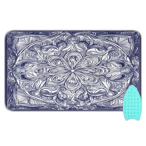pnyoin Portable Ironing Mat Mandala Retro Blue Travel Ironing Pad with Silicone Iron Rest for Steam Pressing on Tabletop or Bed Heat Resistant Portable Quilting & Travel Blanket