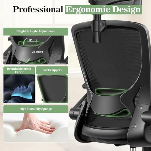 Image of Ergonomic Office Desk Chair, Computer Desk Chair with Adjustable Lumbar Support, FILP-up Arms, Breathable Mesh Home Office Chairs Comfortable for Long Hours, Black