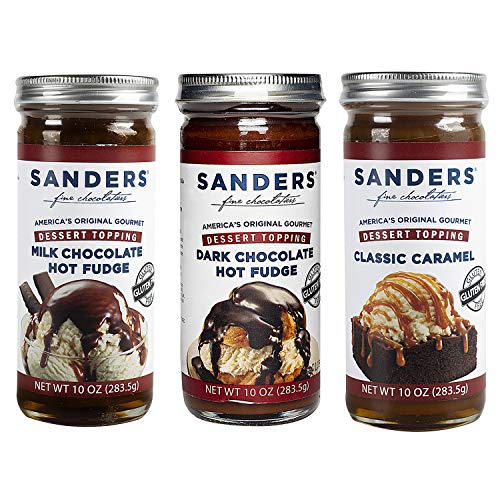 Sanders Hot Fudge Sauce and Gourmet Dessert Topping Assortment, 3 Pack, Milk Chocolate, Dark Chocolate, and Classic Caramel, Gluten Free, Kosher, and All Natural
