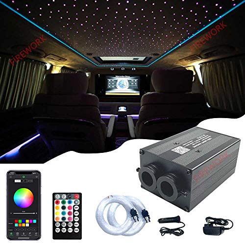 2021 New Upgraded 12W Twinkle Fiber Optic Light Star Ceiling Kit, Dual Port Bluetooth APP Remote Music Mode LED RGBW Starlight Headliner for Car and Room, Mixed 300pcs (0.03in+0.04in+0.06in) 9.8ft