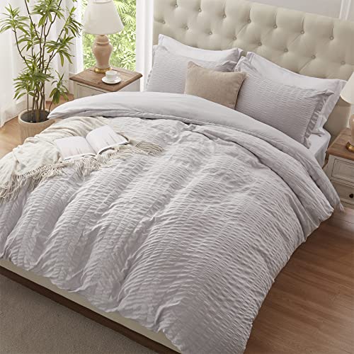 Cozyide Light Grey Duvet Cover Queen, 3 Pieces Bedding Duvet Covers, Soft Breathable Seersucker Duvet Cover Set With Zipper Closure And Corner Ties (1 Duvet Cover 90"X90" + 2 Pillow Shams 20"X26") #TOP4