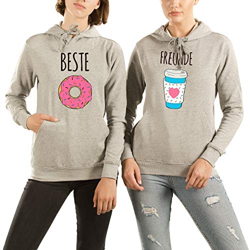 VivaMake 2 Best Friends - Sudadera con capucha para mujer con diseño de donut y café gris Talla única